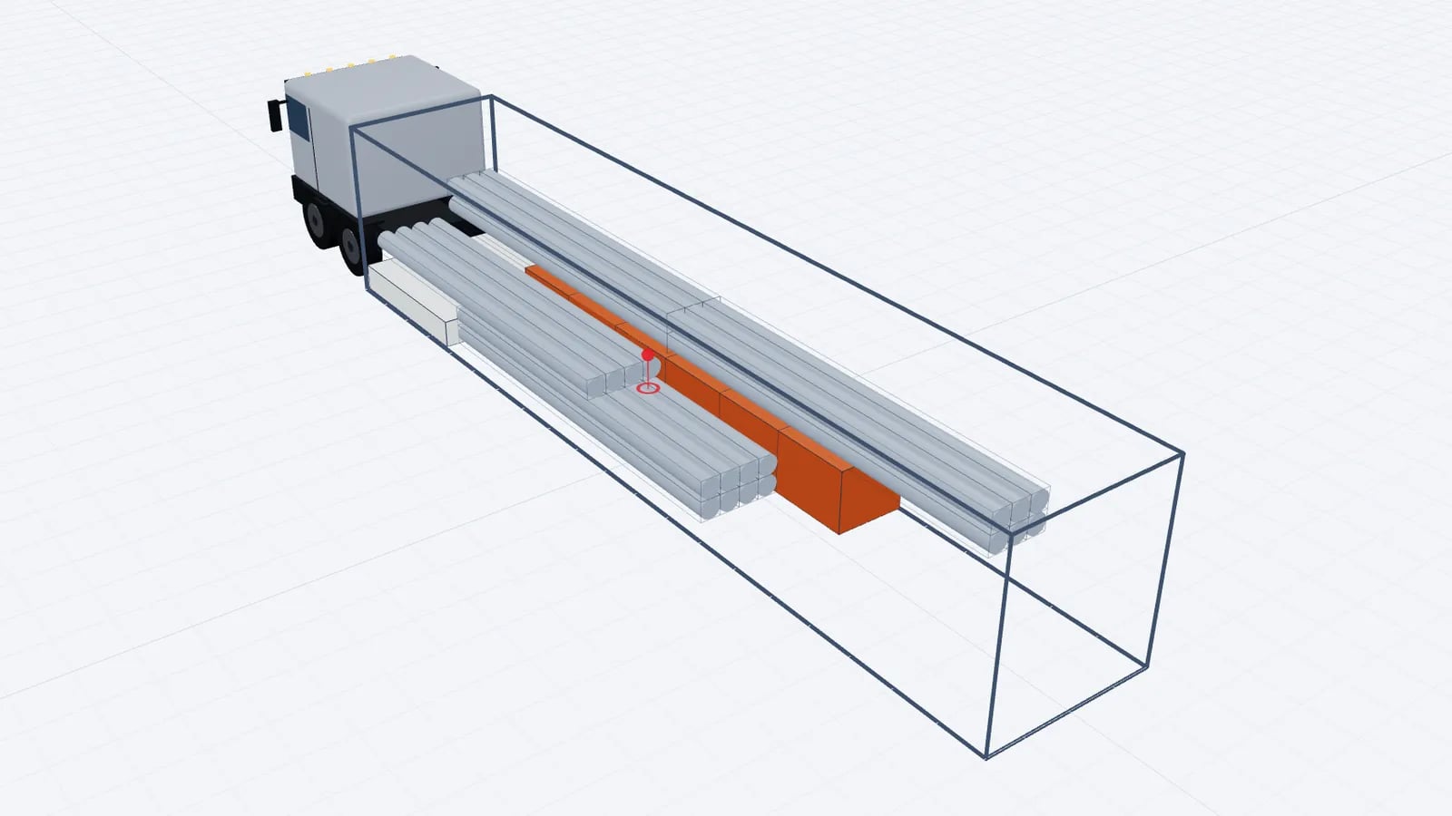 Trailer load plan in 3D with long steel pipes, brick pallets and plasterboard bundles