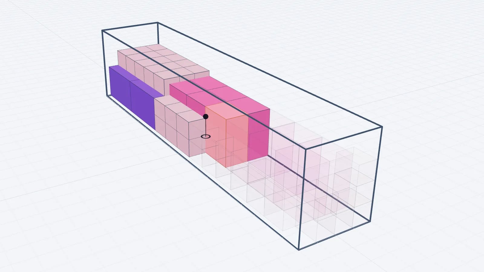40' high cube container stuffing plan in 3D, half loaded with machine crates, textile pallets and cartons