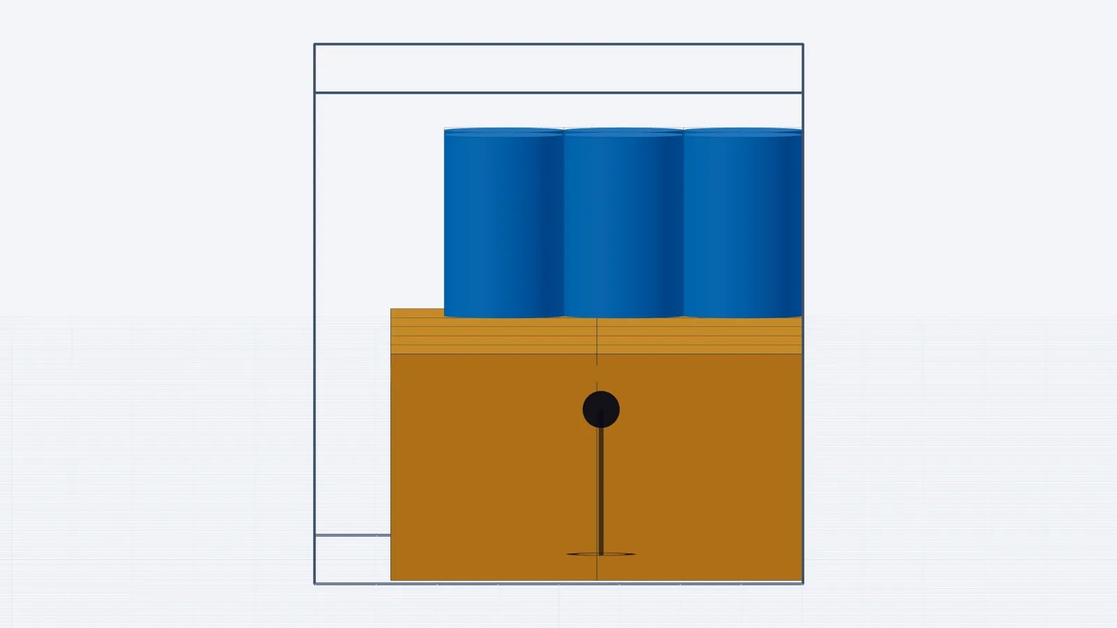 Rear view into a 20' container with wooden crates and blue drums, showing the gaps that need dunnage
