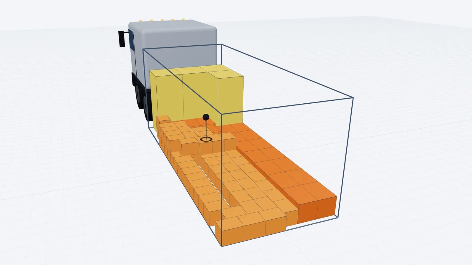 Van load plan in 3D with yellow roll cages and orange parcels of two sizes