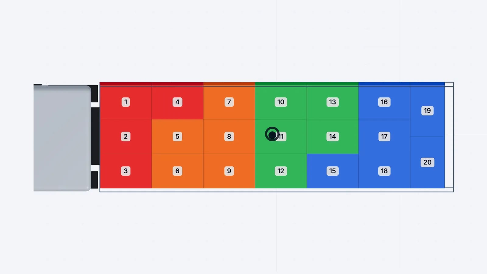 Top view of a rigid truck with pallets coloured by store and numbered in loading order for a multi-drop run