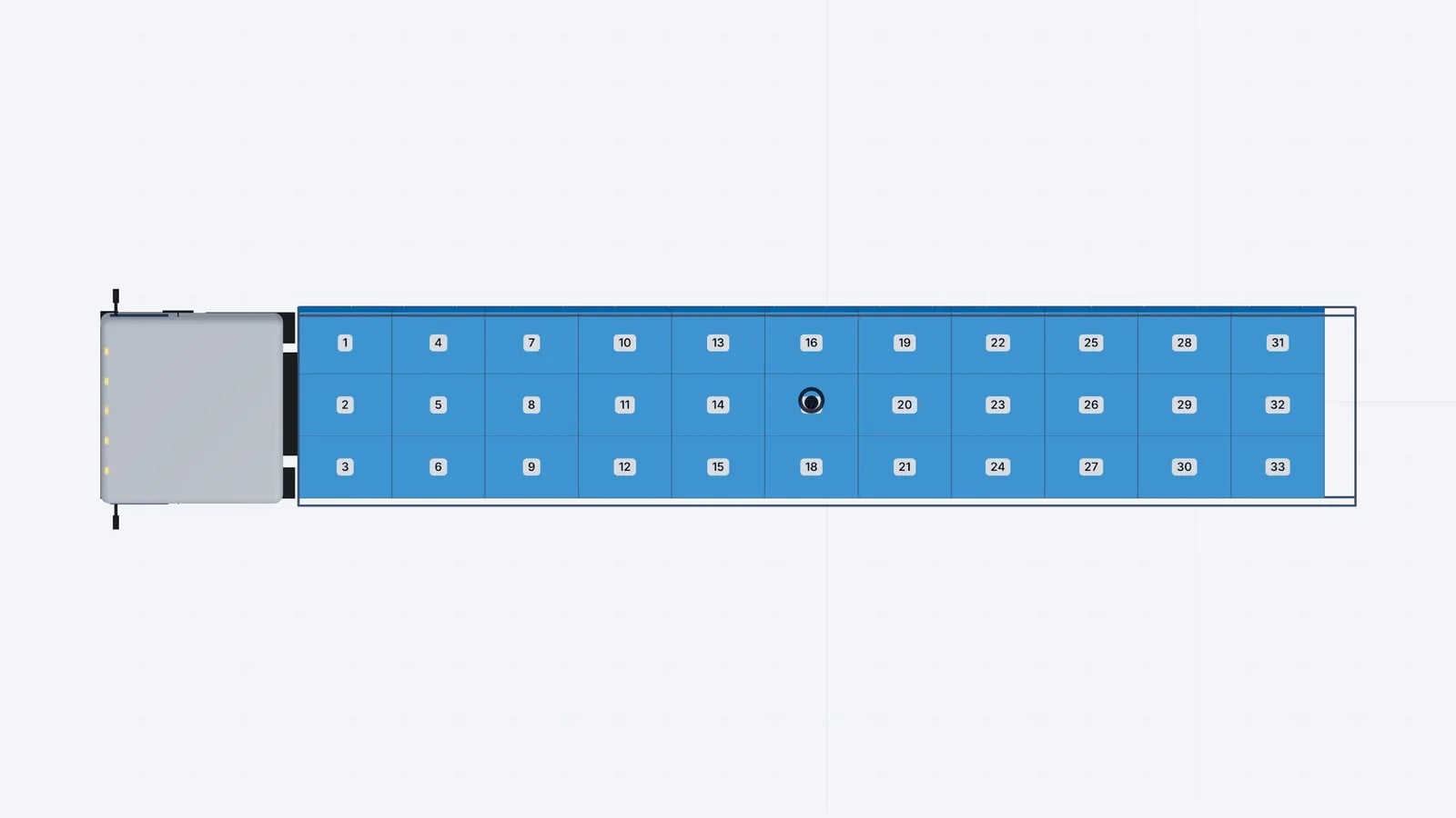 Top view of a 13.6 m semi-trailer holding 33 Euro pallets, numbered in loading order