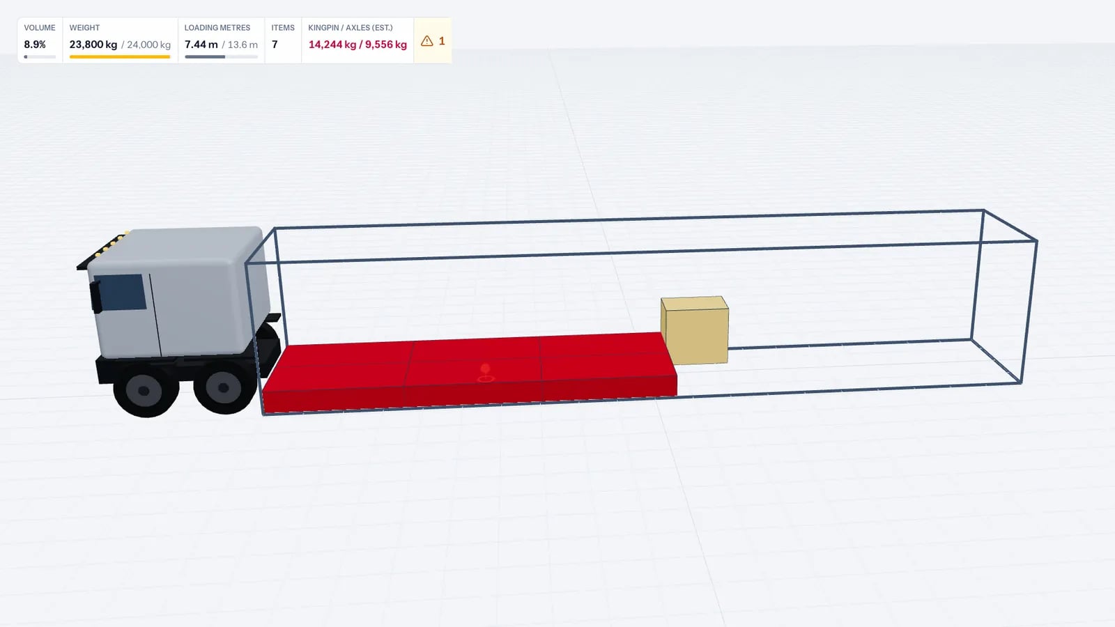 Trailer in 3D coloured by weight with heavy steel plates and cement pallets, stats bar showing payload and axle loads