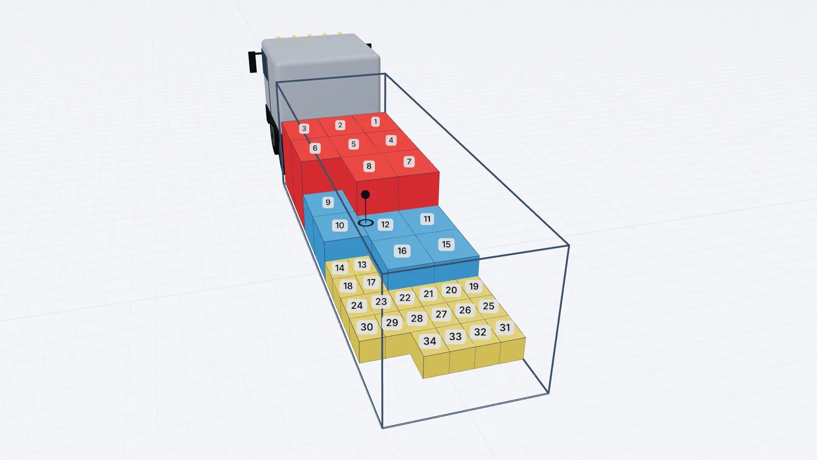 Rigid truck load plan in 3D with pallets, crates and cartons numbered in loading order
