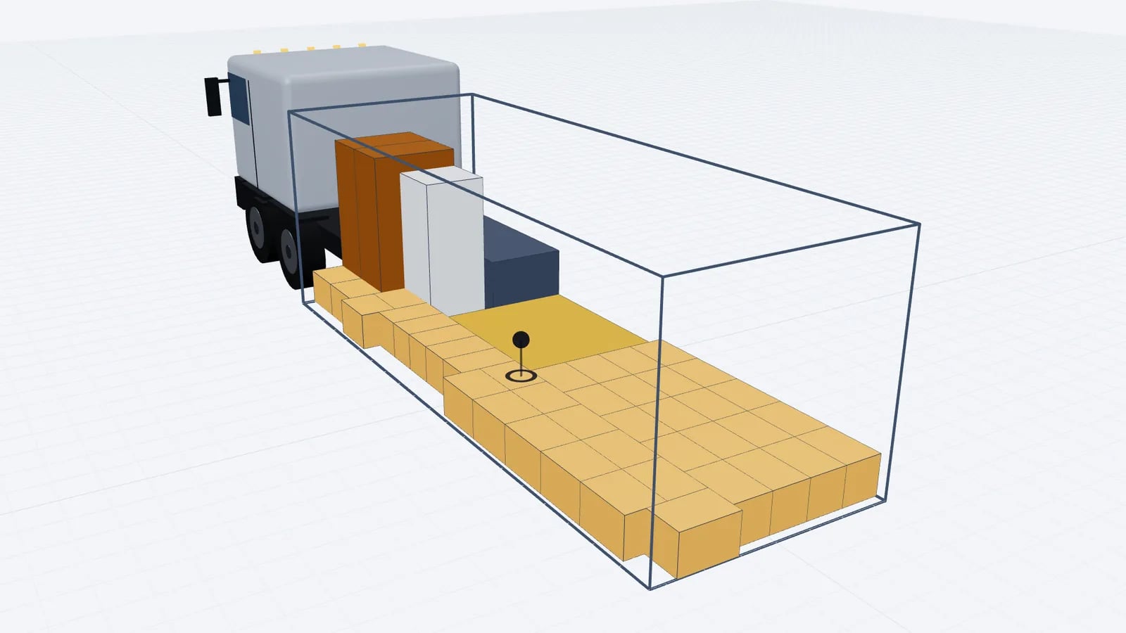 Removal truck in 3D loaded with wardrobes, a sofa, a fridge, a bed frame and moving boxes