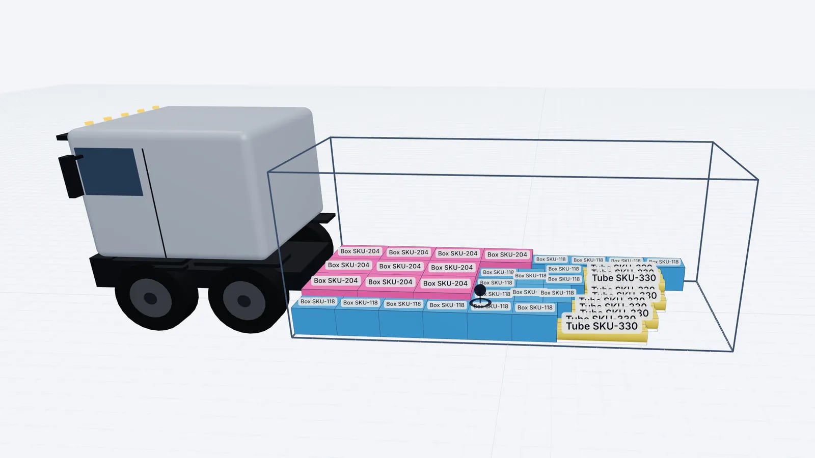 Van load plan in 3D with boxes and tubes labelled by SKU from a packing list