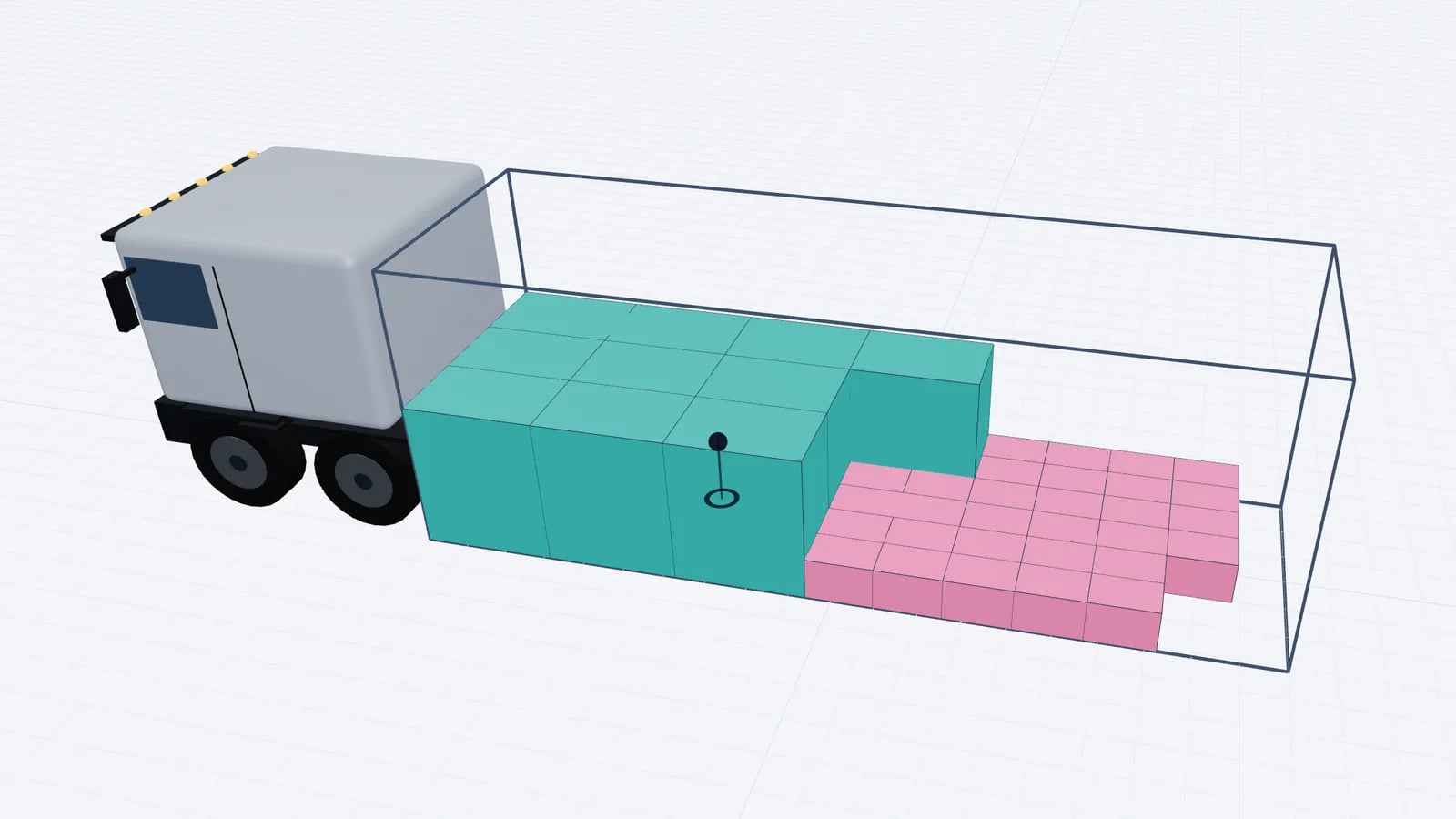 Truck and trailer set in 3D loaded with pallets and pink cartons, seen from above
