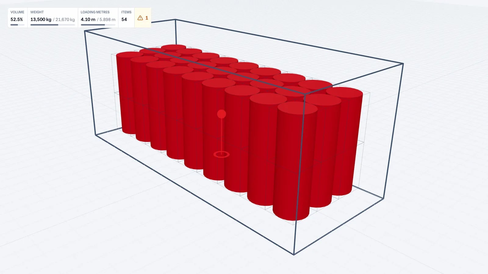 20' container in 3D coloured by weight with steel drums and IBCs, gross weight shown in the stats bar