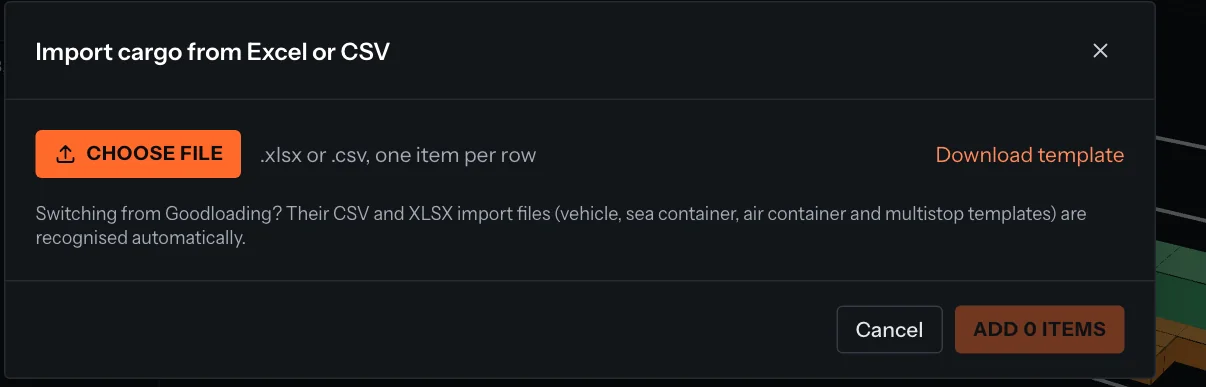 Import cargo from Excel or CSV dialog