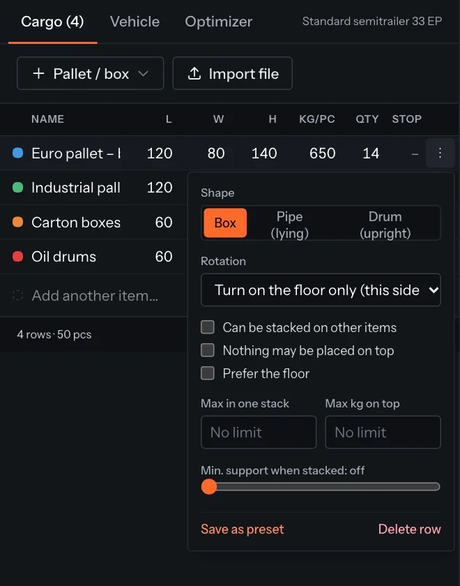 Row settings: shape, rotation, stacking