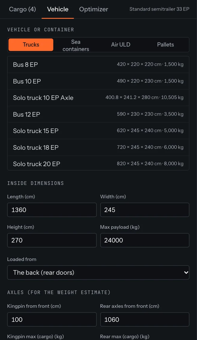 Loading space tab with presets, inside dimensions and loading side