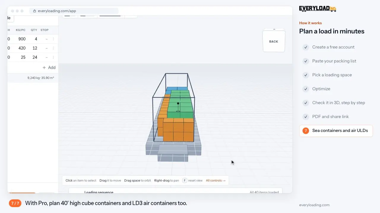 Demo de EveryLoading: pega una lista de carga, elige el espacio de carga, optimiza y revisa la carga en 3D
